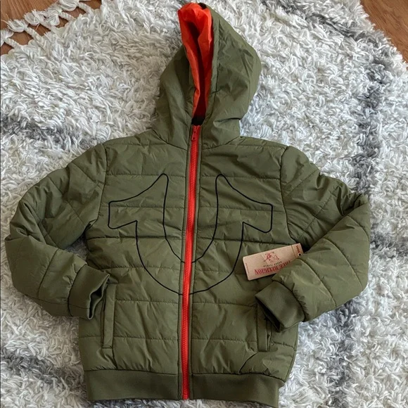 True Religion Green Puffer Jacket with Orange Hood - Picture 1 of 4
